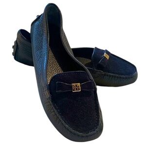 TORY BURCH Navy Blue Leather Suede Driving Moccasin Penny Loafers - Dust Bag - 7